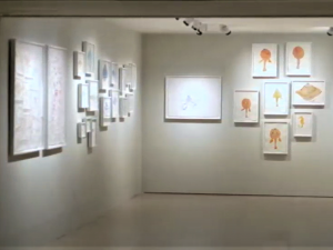 Varias obras de la exposición Joan Jonas en una pared en frente y otra a la izquierda