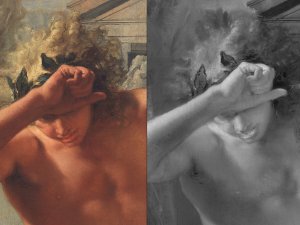 Comparative detail of the visible image and the infrared reflectography of “The Death of Jacinto” by Tiepolo Comparative detail of the visible image and the infrared reflectography of “The Death of Jacinto” by Tiepolo