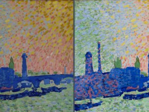 Detalle comparativo de la obra "El puente de Waterloo" de André Derain, antes y después de la restauración