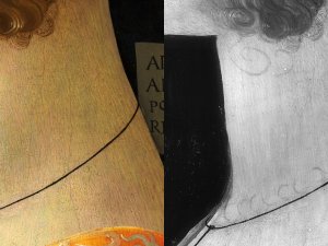 Comparative detail of the visible image and infrared reflectography of “Portrait of Giovanna Tournabuoni” by Ghirlandaio