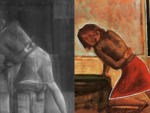 Detalle comparativo de la imagen visible y la radiografía de la obra de Balthus "La partida de naipes"