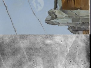 Detalle comparativo de la imagen visible y la radiografía donde se observan las huellas de apoyo del tiento sobre la capa preparatoria Detalle comparativo de la imagen visible y la radiografía donde se observan las huellas de apoyo del tiento sobre la capa preparatoria