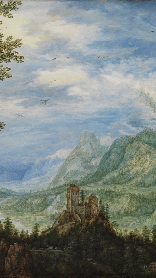 Paisaje montañoso con un castillo. Roelandt Savery