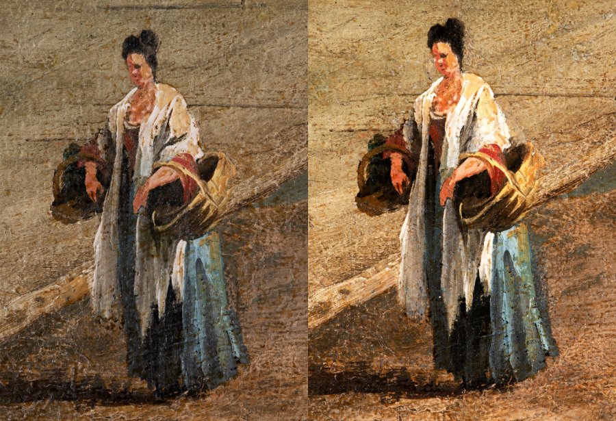 Detalles del antes y el después del tratamiento de restauración de la obra La plaza de San Marcos en Venecia, de Canaletto