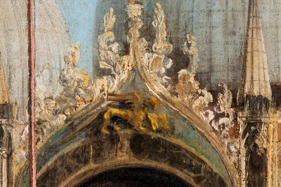 Details of before and after the restoration treatment of the painting The Piazza San Marco in Venice by Canaletto