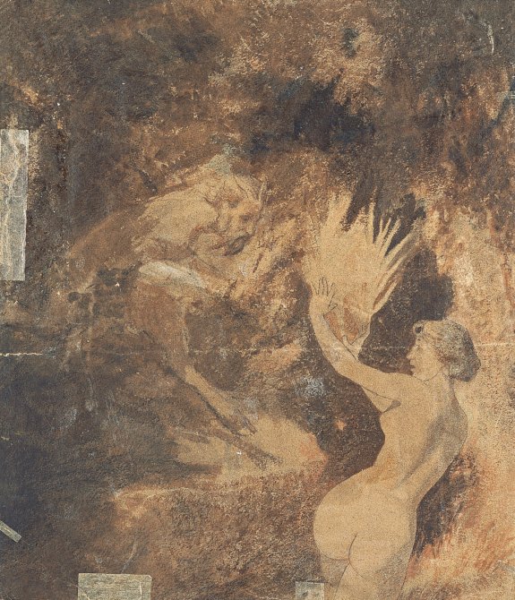 Pan chasing a Nymph (recto: A Nymph at the Fountain). Arnold Böcklin 
