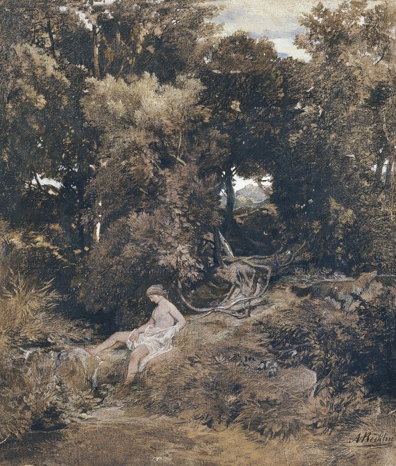 A Nymph at the Fountain (verso: Pan chasing a Nymph).  Arnold Böcklin