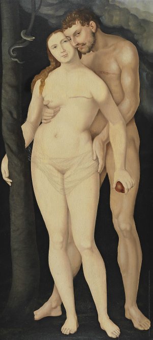 Hans Baldung Grien, Adán y Eva. Fotomontaje: Jorge Salgado © Cultura en Vena, 2022 (Procedencia obra original: Museo Nacional Thyssen-Bornemisza, Madrid)