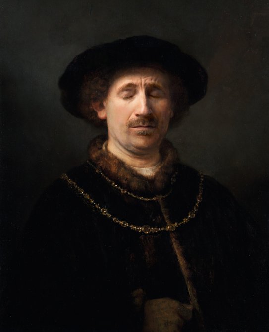 Rembrandt Harmensz. van Rijn. Autorretrato con gorra y dos cadenas  Fotomontaje: Jorge Salgado © Cultura en Vena, 2023. Procedencia obra original: Museo Nacional Thyssen-Bornemisza