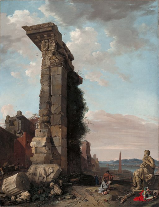 Vista idealizada con ruinas romanas esculturas y un puerto