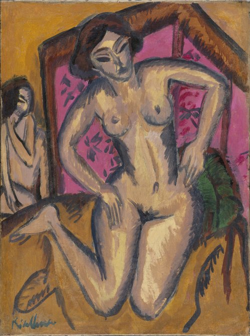 Desnudo de rodillas ante un biombo rojo (reverso: Desnudo sentado con pierna doblada). Ernst Ludwig Kirchner Desnudo de rodillas ante un biombo rojo (reverso: Desnudo sentado con pierna doblada). Ernst Ludwig Kirchner