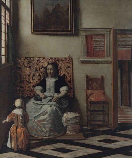 Interior con una mujer cosiendo y un niño