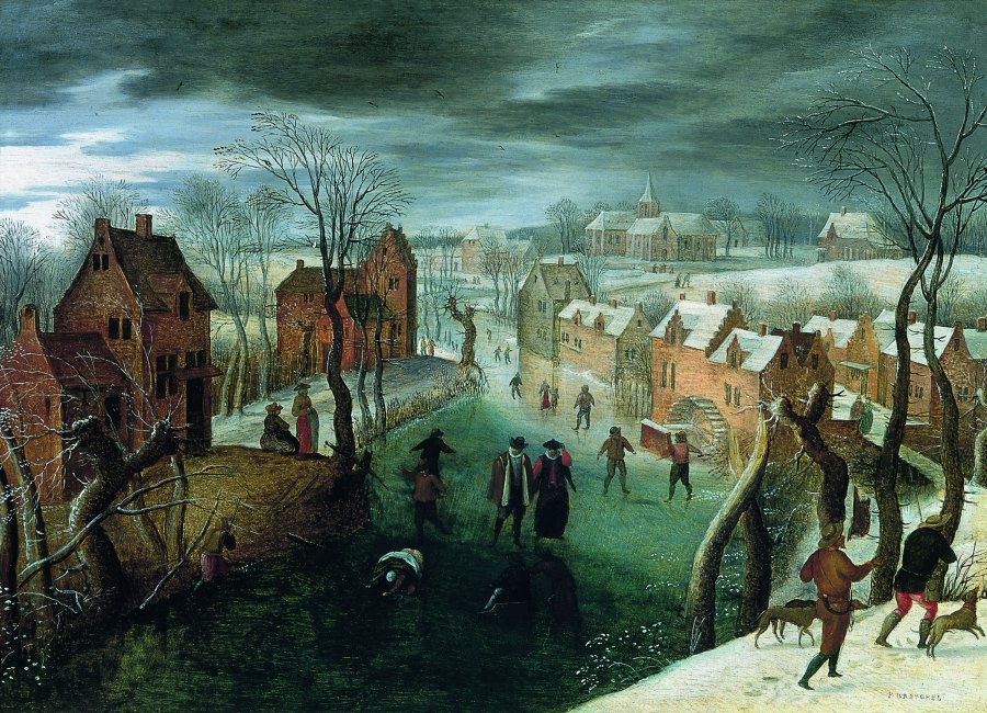 Paisaje invernal con pueblo, patinadores en un río helado  y cazadores en primer plano