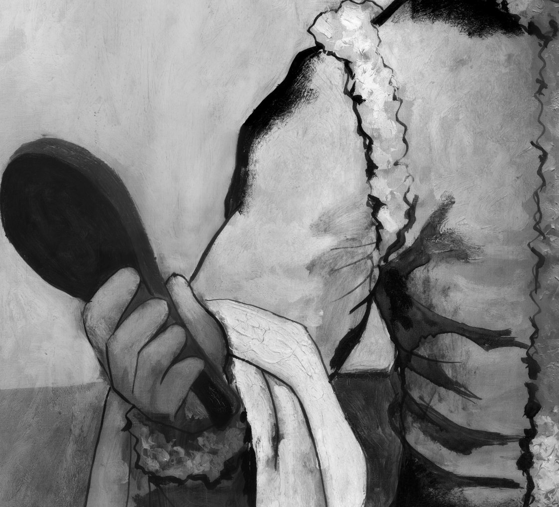 Detail of the infrared image of the work Harlequin with Mirror, by Picasso. Detail of the infrared image of the work Harlequin with Mirror, by Picasso.