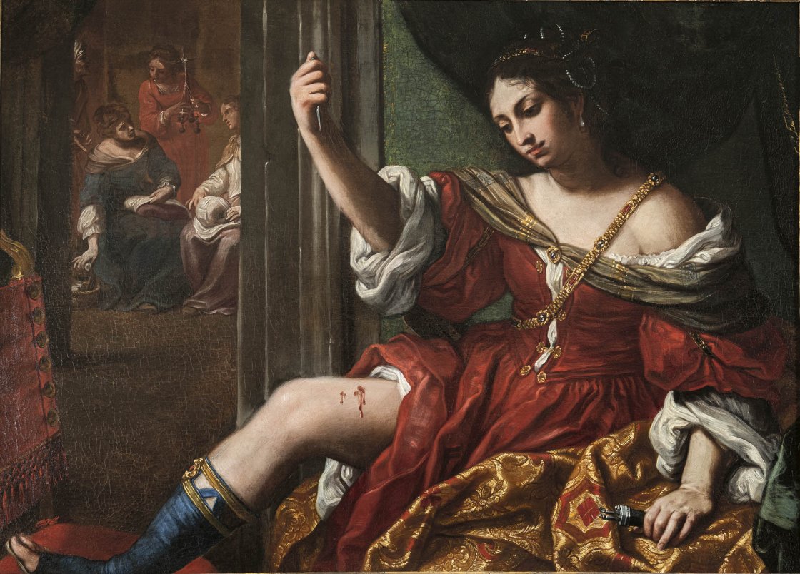 Elisabetta Sirani. Porcia hiriéndose en el muslo, 1664