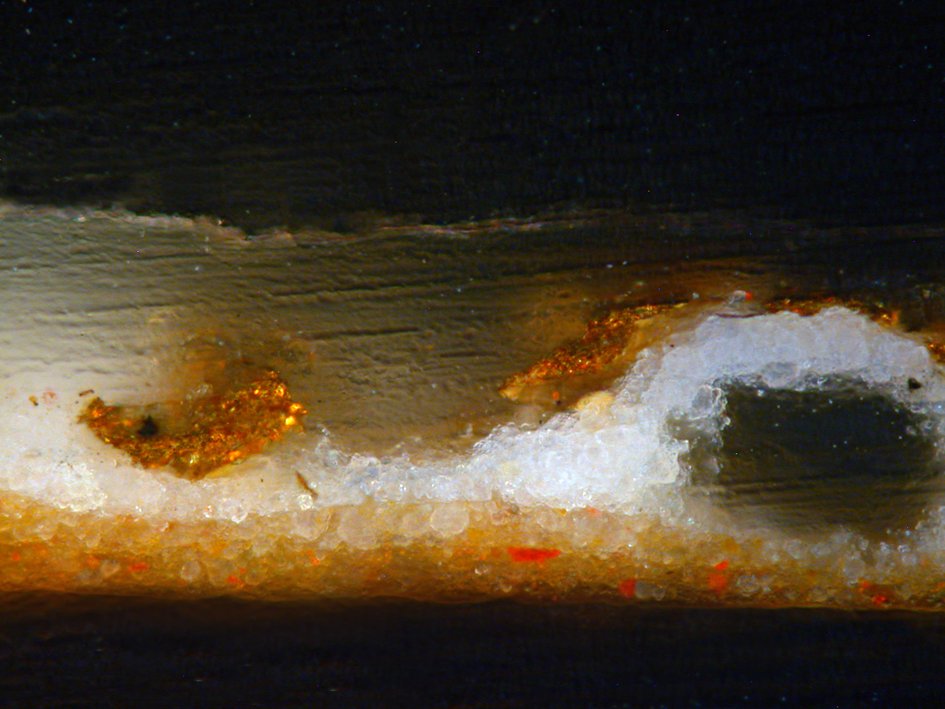 Micromuestra tomada de la zona doradas de las joyas de la obra “Retrato de una dama” de Foschi