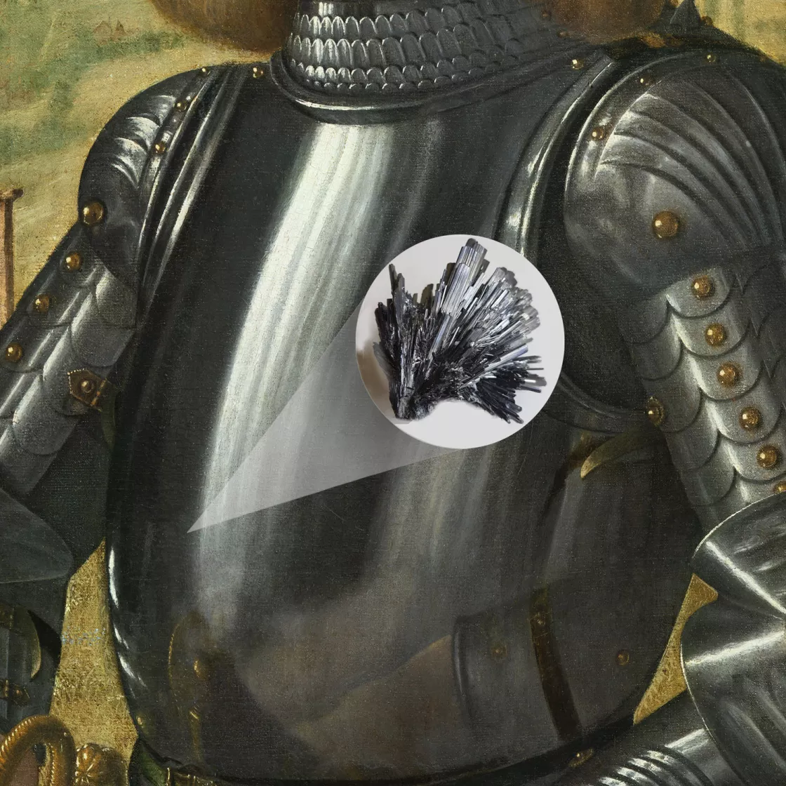 Detail of the stibnite mineral found in the micro-sample taken from the armor zone
