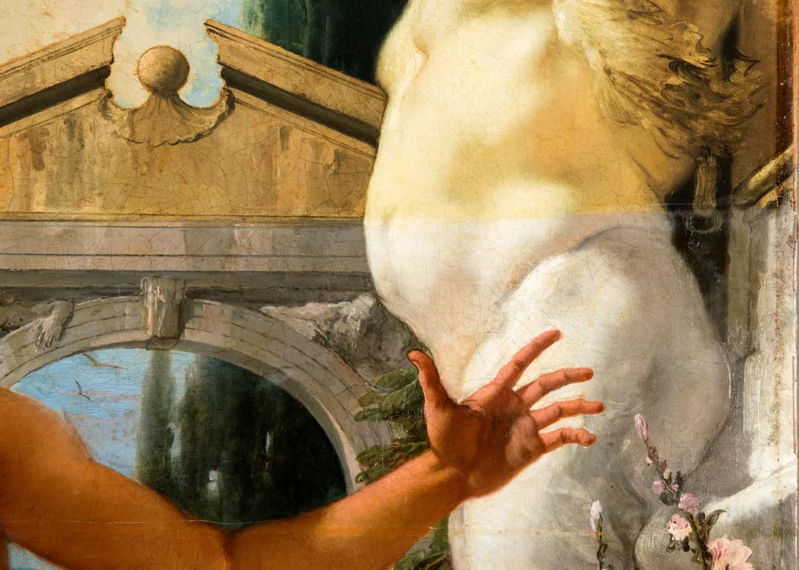 Detail of the cleaning process of the varnish of Giambattista Tiepolo's "The Death of Hyacinthus" 