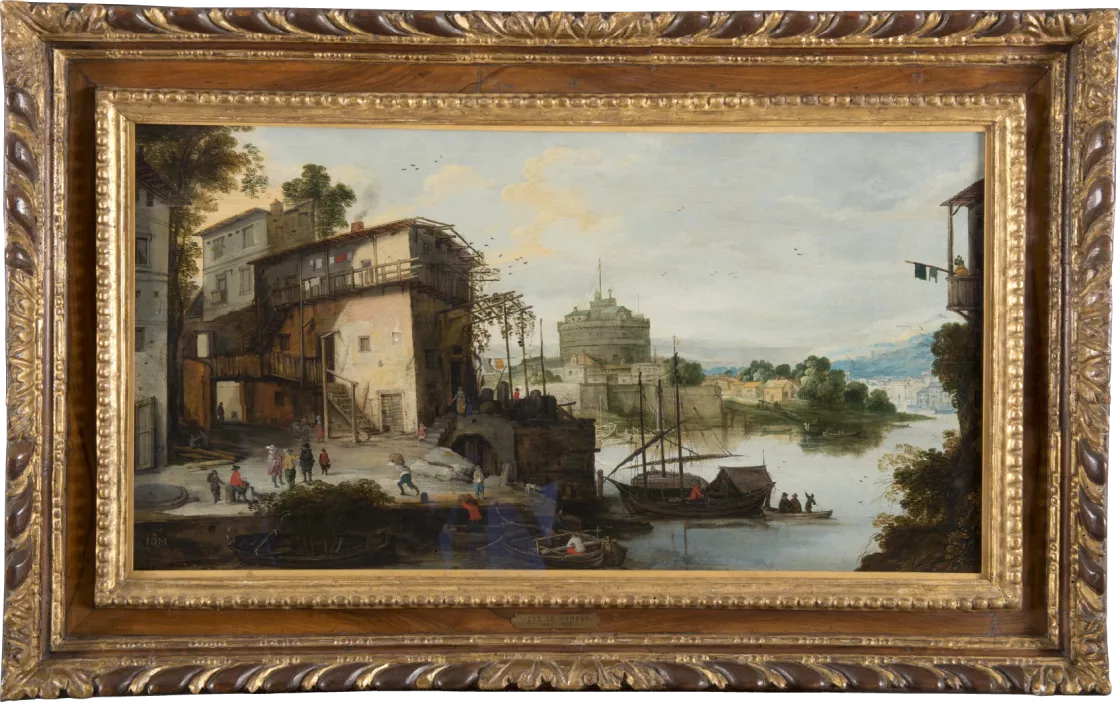 Maestro del Monograma IDM (¿círculo de Joos de Momper?). Vista de un puerto fluvial con el Castillo de Sant'Angelo, s.f. Maestro del Monograma IDM (¿círculo de Joos de Momper?). Vista de un puerto fluvial con el Castillo de Sant'Angelo, s.f.