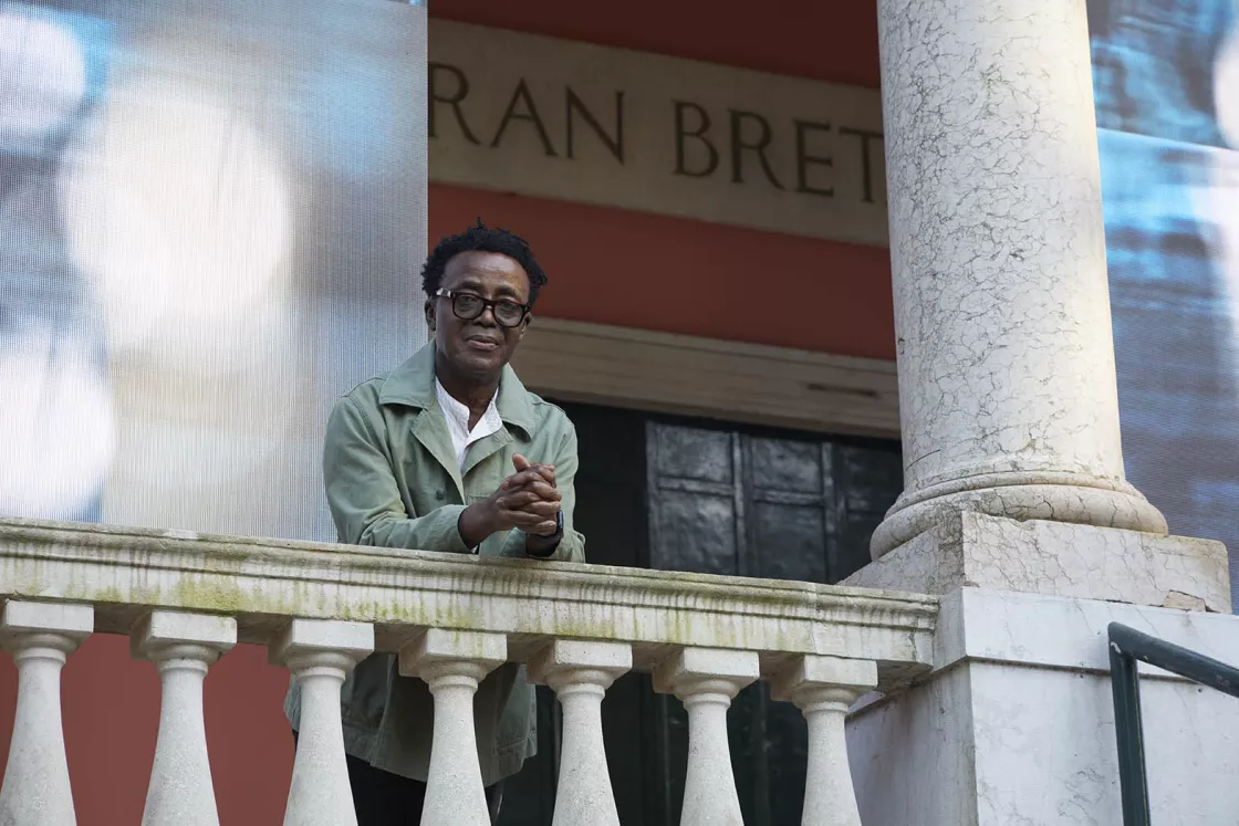 John Akomfrah outside the British Pavilion 2024. Image by Jack Hems. John Akomfrah outside the British Pavilion 2024. Image by Jack Hems.