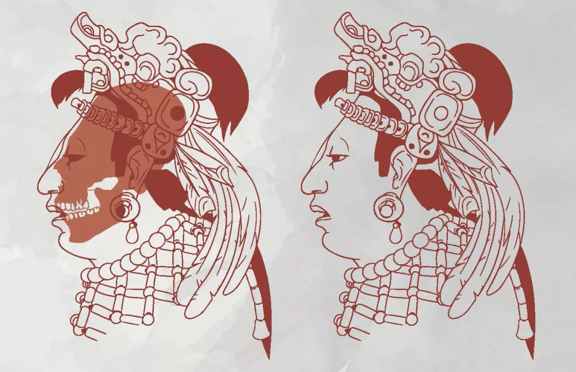 Reconstrucción facial de la señora Tz´aka´ab Ajaw a partir de tres retratos y su cráneo Reconstrucción facial de la señora Tz´aka´ab Ajaw a partir de tres retratos y su cráneo
