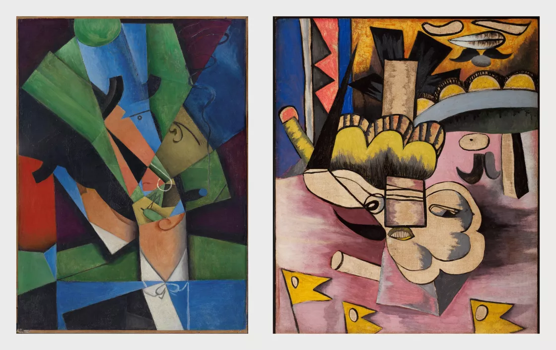 Juan Gris, El fumador (Frank Haviland), 1913 – Flávio de Carvalho, Ascensão definitiva de Cristo, 1932.