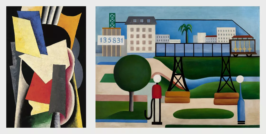 Liubov Popova, Arquitectura pictórica (Bodegón: Instrumentos), 1915 – Tarsila do Amaral, São Paulo, 1924.