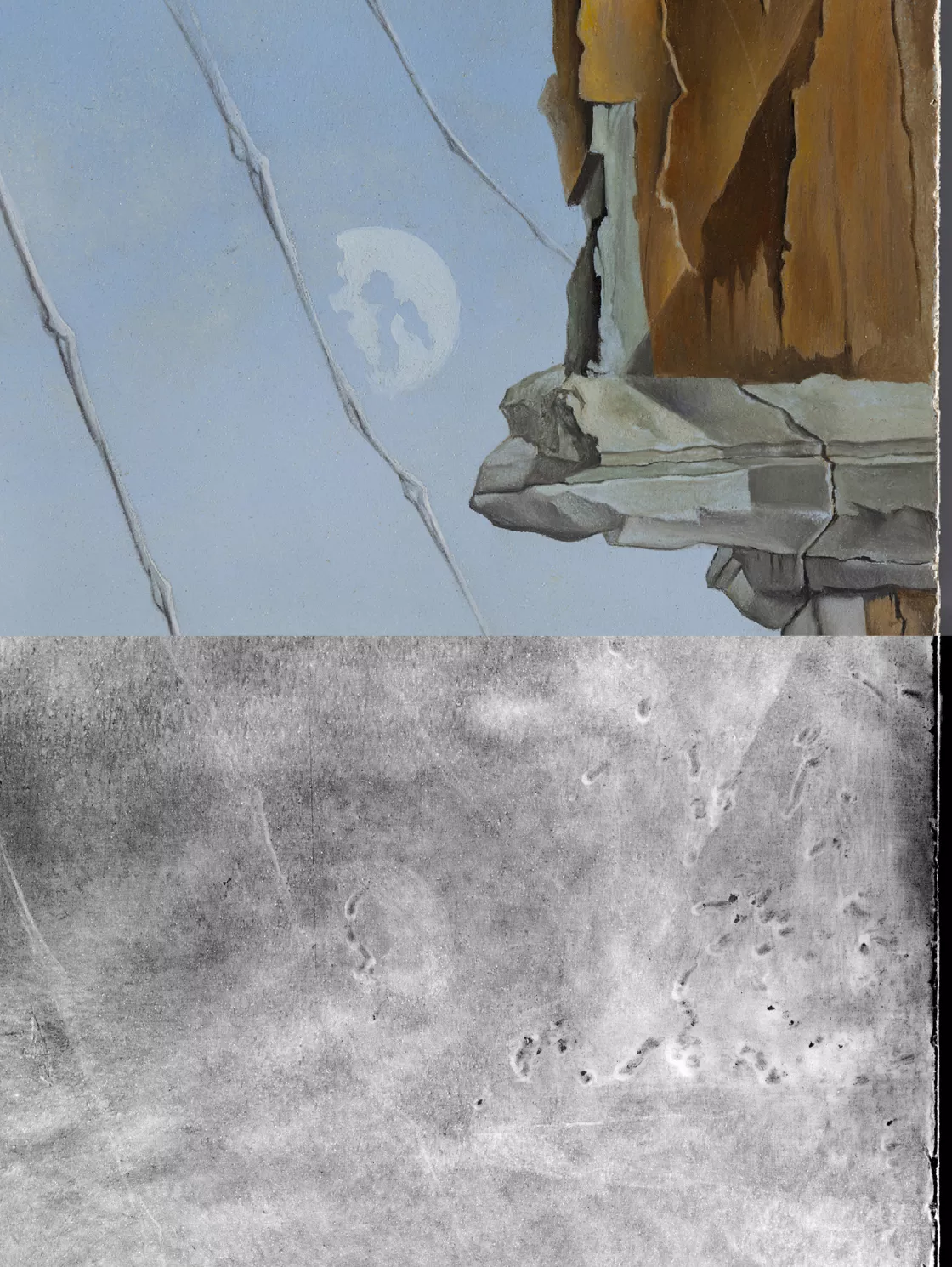 Detalle comparativo de la imagen visible y la radiografía donde se observan las huellas de apoyo del tiento sobre la capa preparatoria