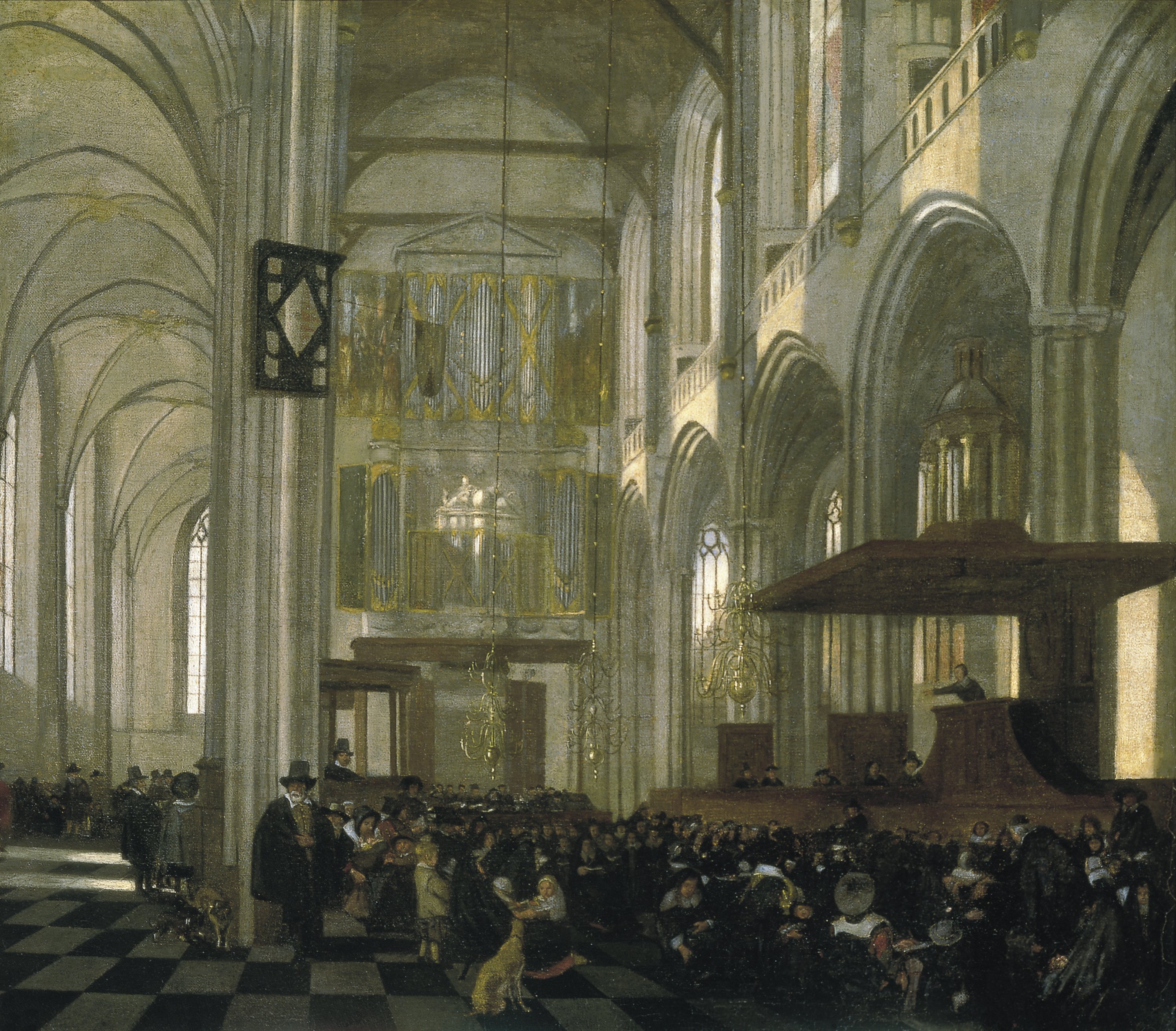 Interior de la Nieuwe Kerk en Amsterdam, durante el oficio - Witte, Emanuel  de. Museo Nacional Thyssen-Bornemisza