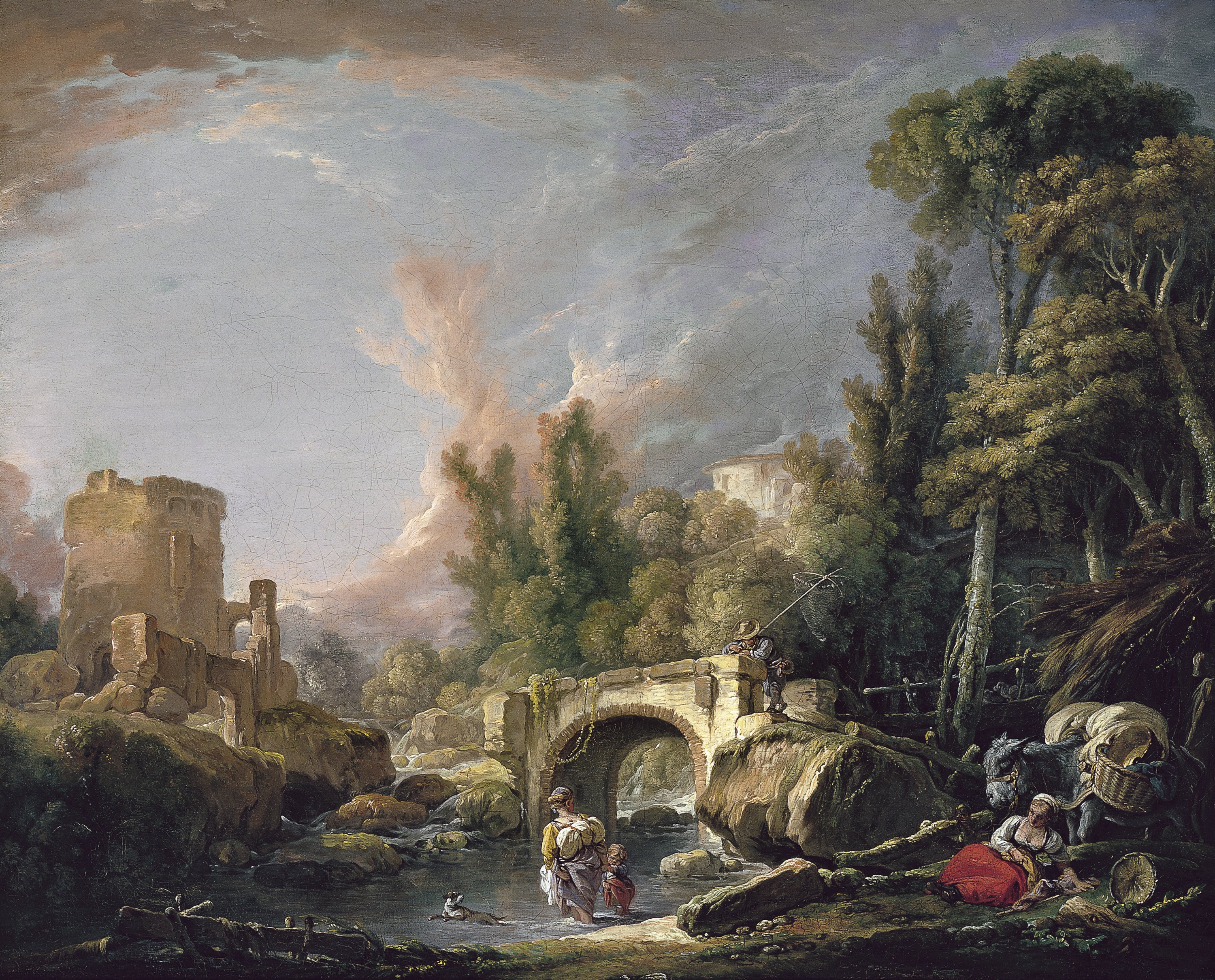 BOUCHER  FRANÇOISE. Paisaje fluvial con ruina y puente