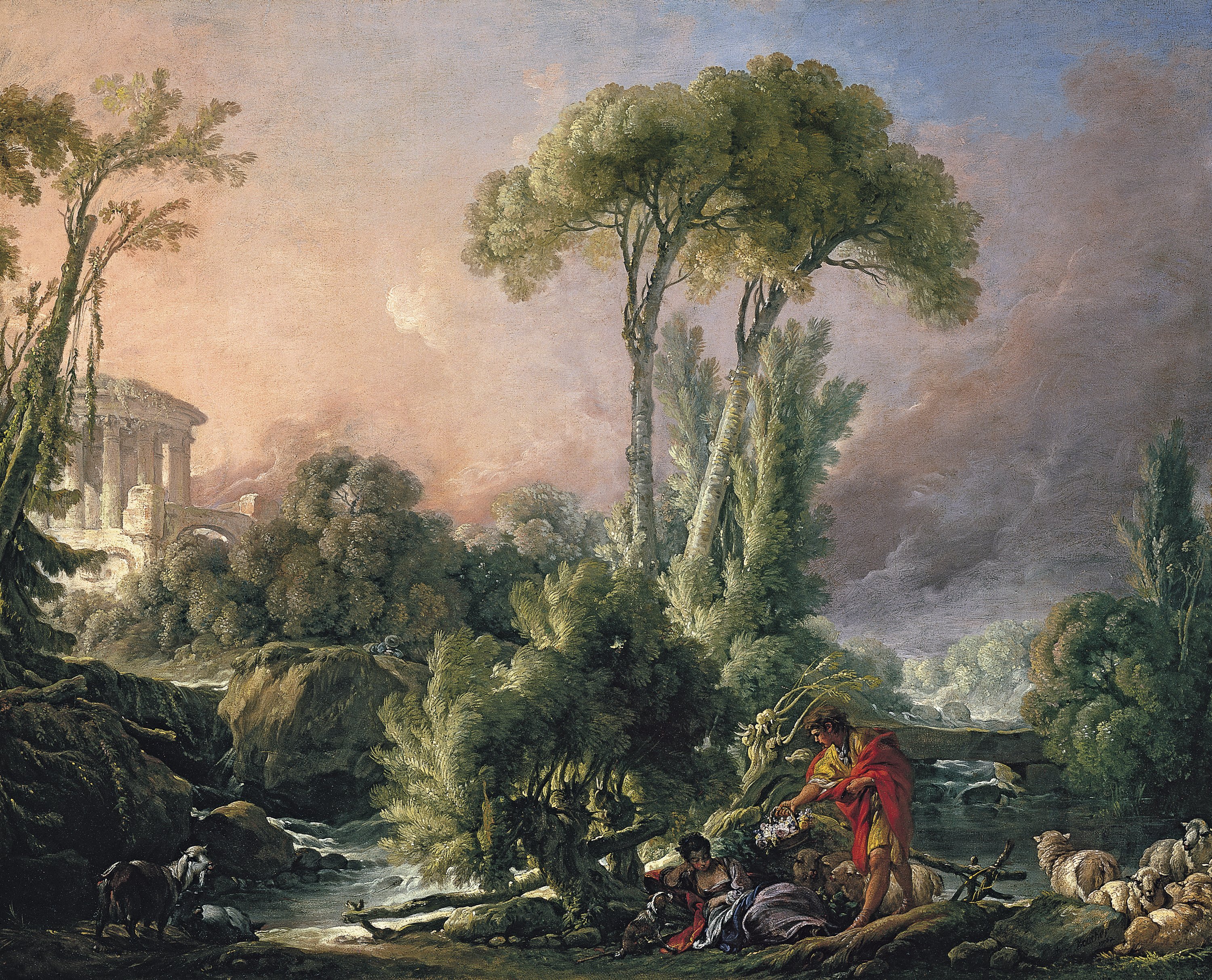 BOUCHER FRANÇOISE. Paisaje fluvial con templo antiguo