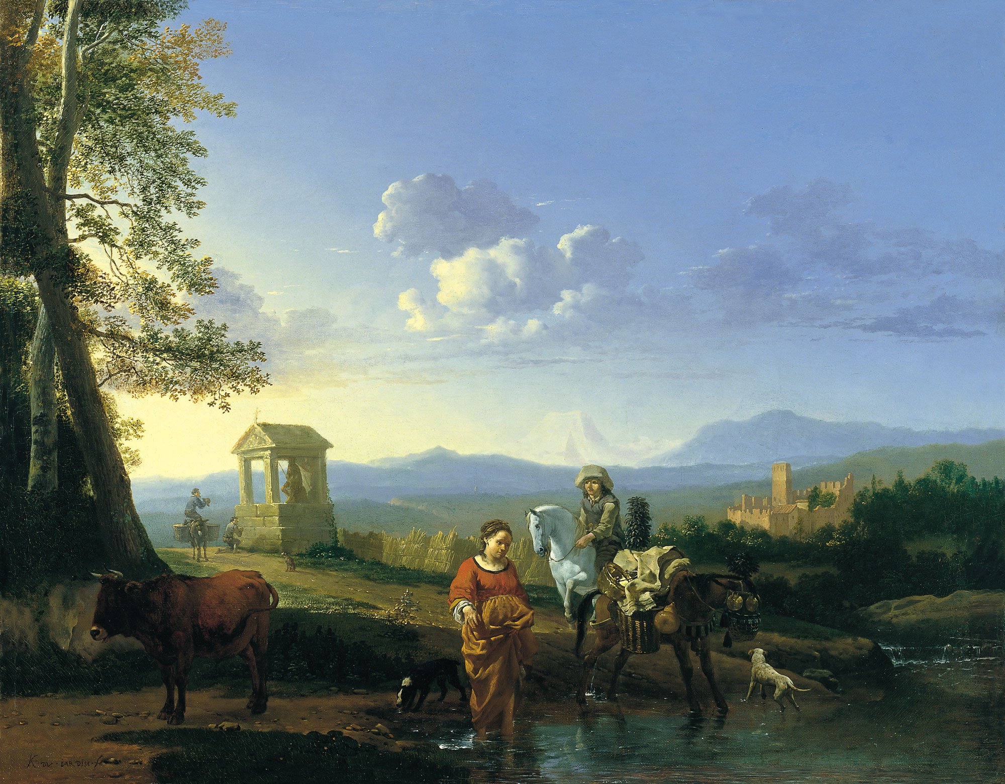 Karel Du Jardin. Paisaje italianizante con campesinos y animales