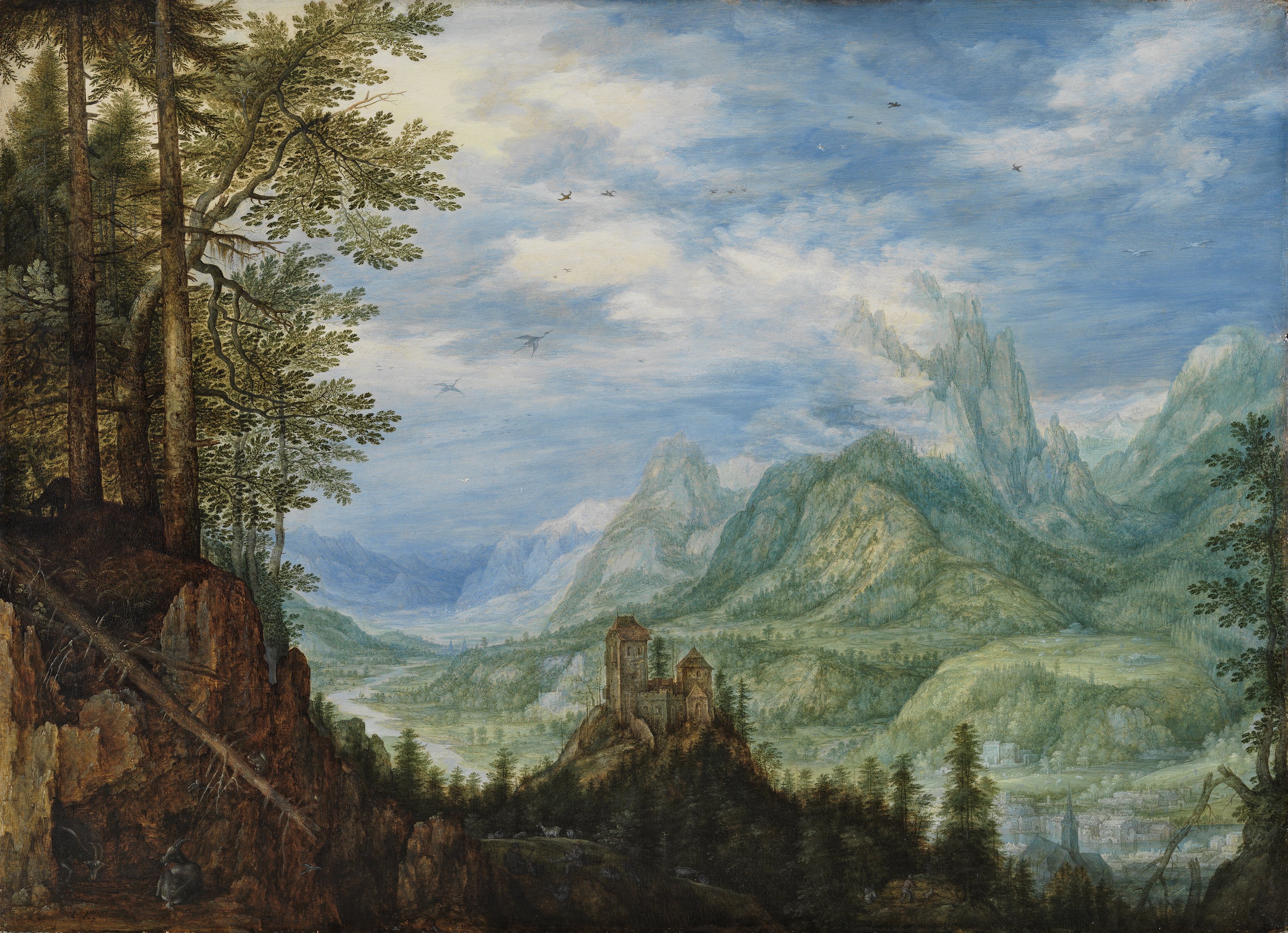 Paisaje montañoso con un castillo. Roelandt Savery