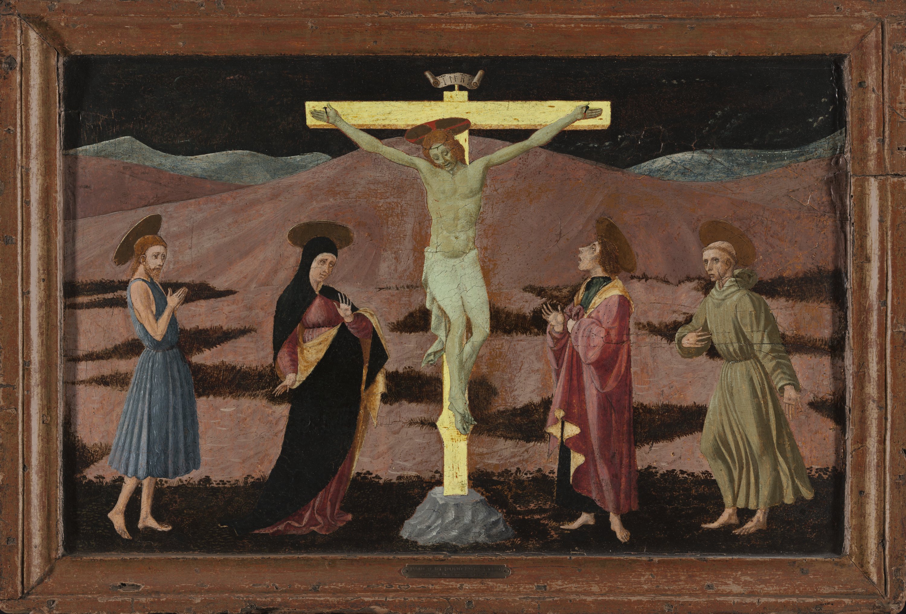 The Crucifixion with the Virgin, Saint John the Baptist, Saint John the Evangelist and Saint Francis. La Crucifixión con la Virgen, los santos Juanes y san Francisco, c. 1460-1465
