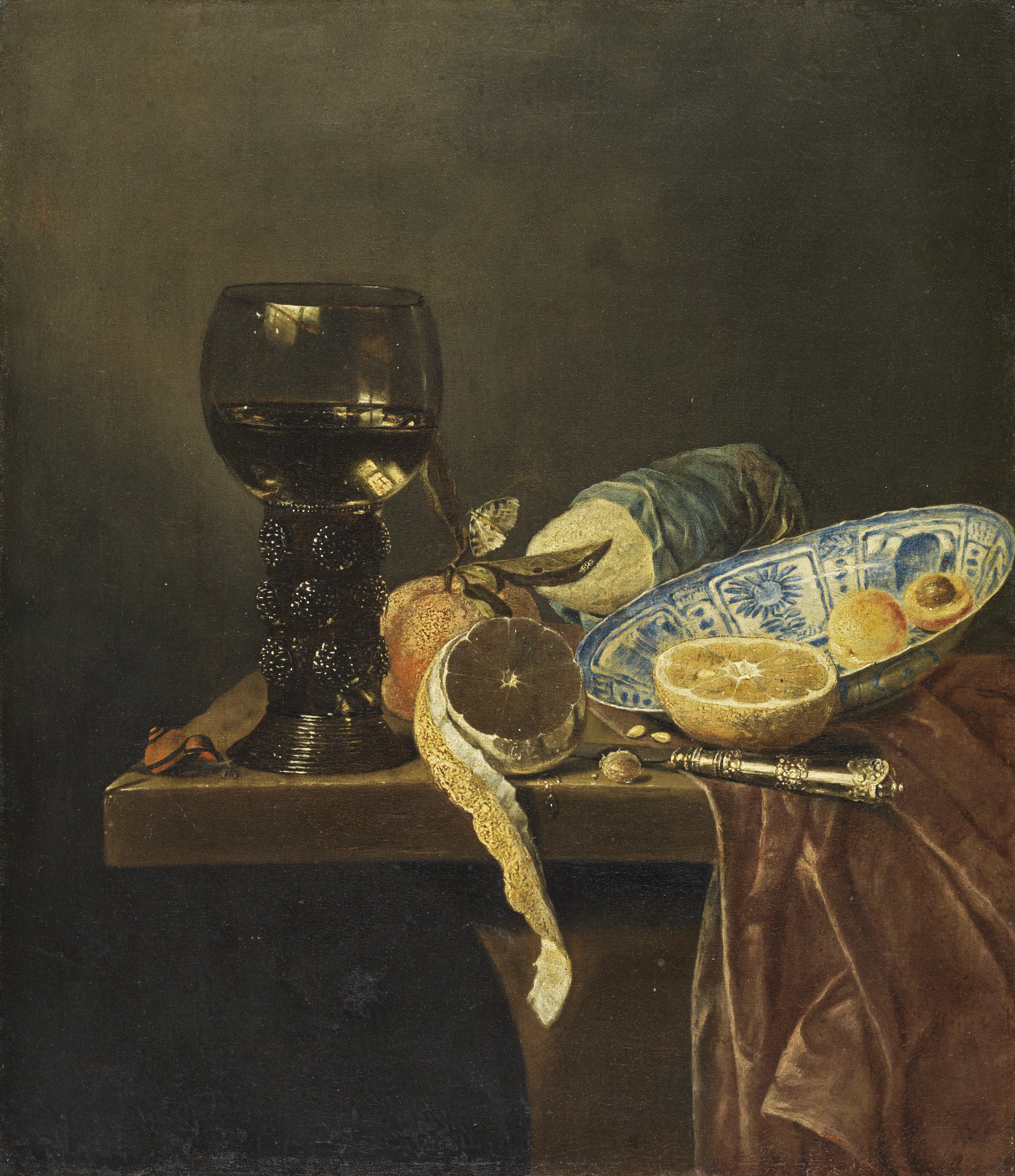 Bodegón con fuente china, copa, cuchillo, pan y frutas. Jan Jansz. van de (atribuido) Velde iii