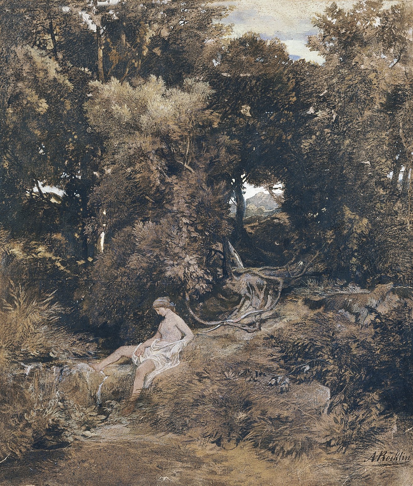 A Nymph at the Fountain (verso: Pan chasing a Nymph).  Arnold Böcklin