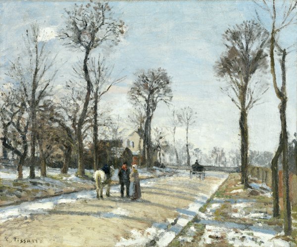 Route de Versailles, Louveciennes, Winter Sun and Snow. Camino de Versalles, Louveciennes, sol de invierno y nieve, 1870
