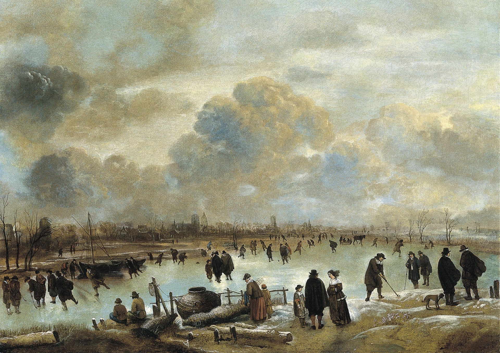 Winter Landscape with Skaters on a Frozen Waterway. Escena de invierno con patinadores en un río helado, c. 1650-1655