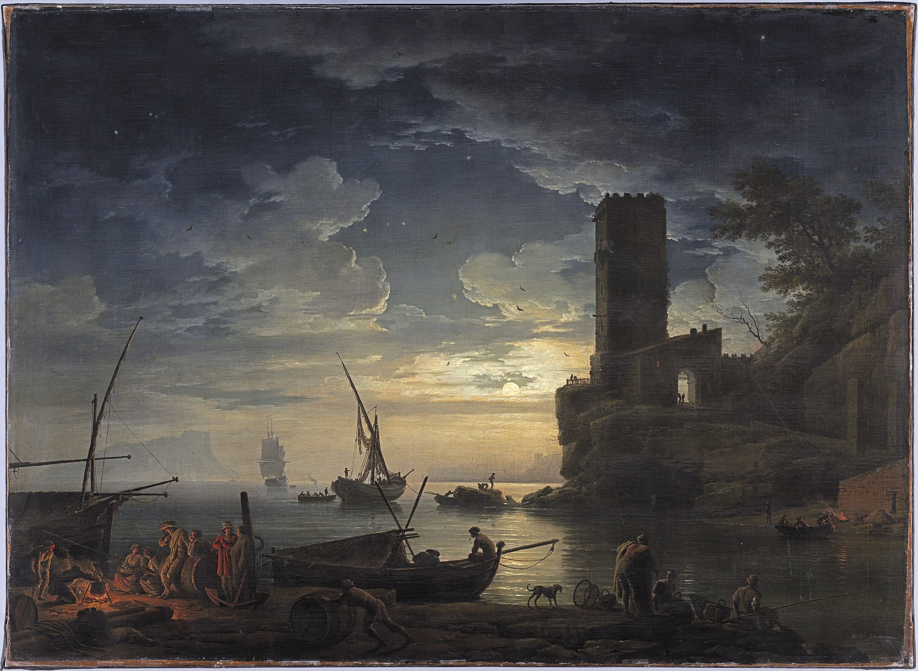 Noche: escena de la costa mediterránea con pescadores y barcas. Claude Joseph Vernet