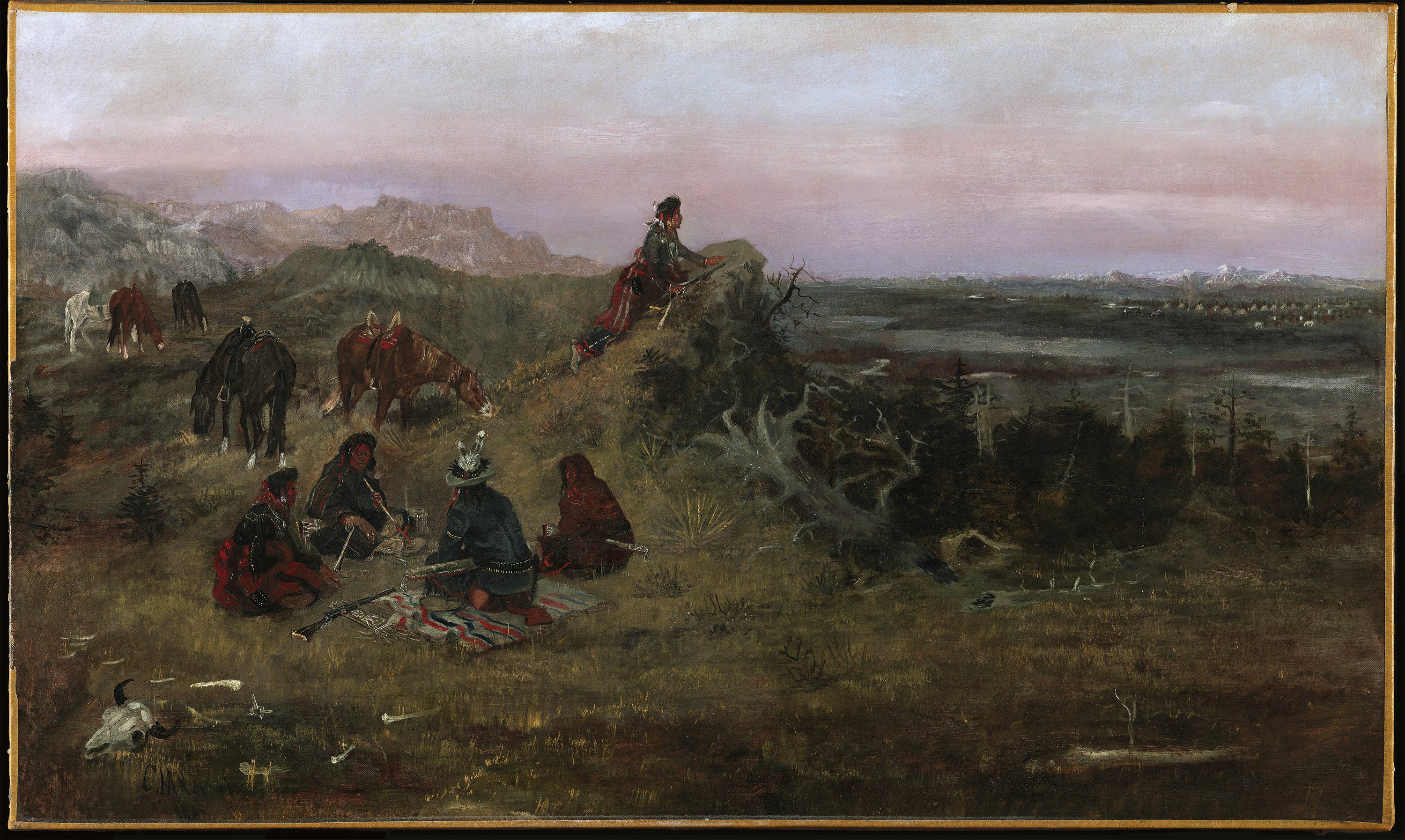 The Piegans preparing to Steal Horses from the Crows. Los "piegan" preparándose para robar caballos a los "crow", 1888