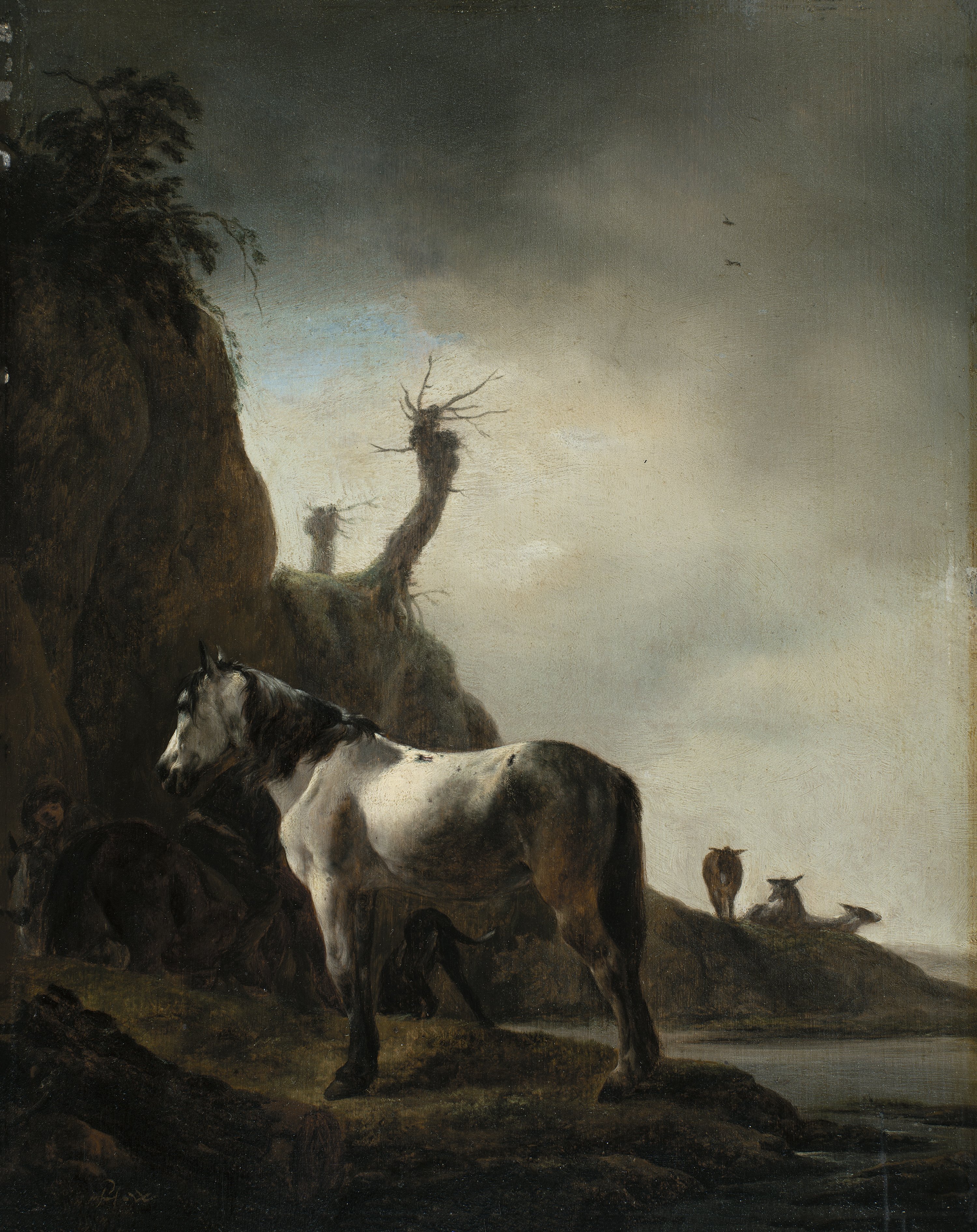 Caballo blanco a la orilla de un río. Philips Wouwerman