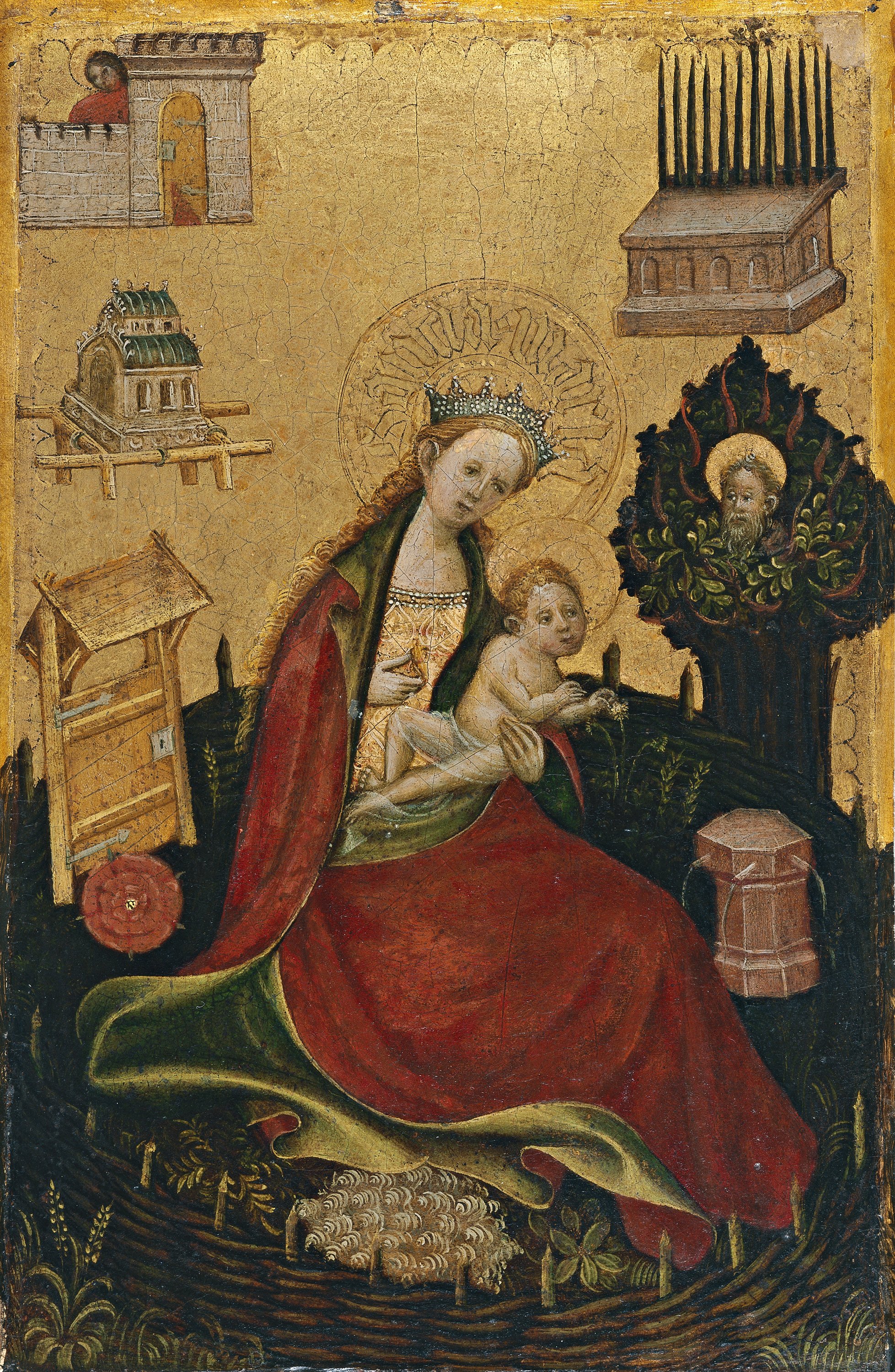 Diptych with symbols of the Virgin and Redeeming Christ: Virgin and Child in the Hortus Conclusus (Left wing). Díptico con símbolos de la Virgen María y Cristo Redentor: La  Virgen y el Niño en el Hortus Conclusus (ala izquierda), c. 1410