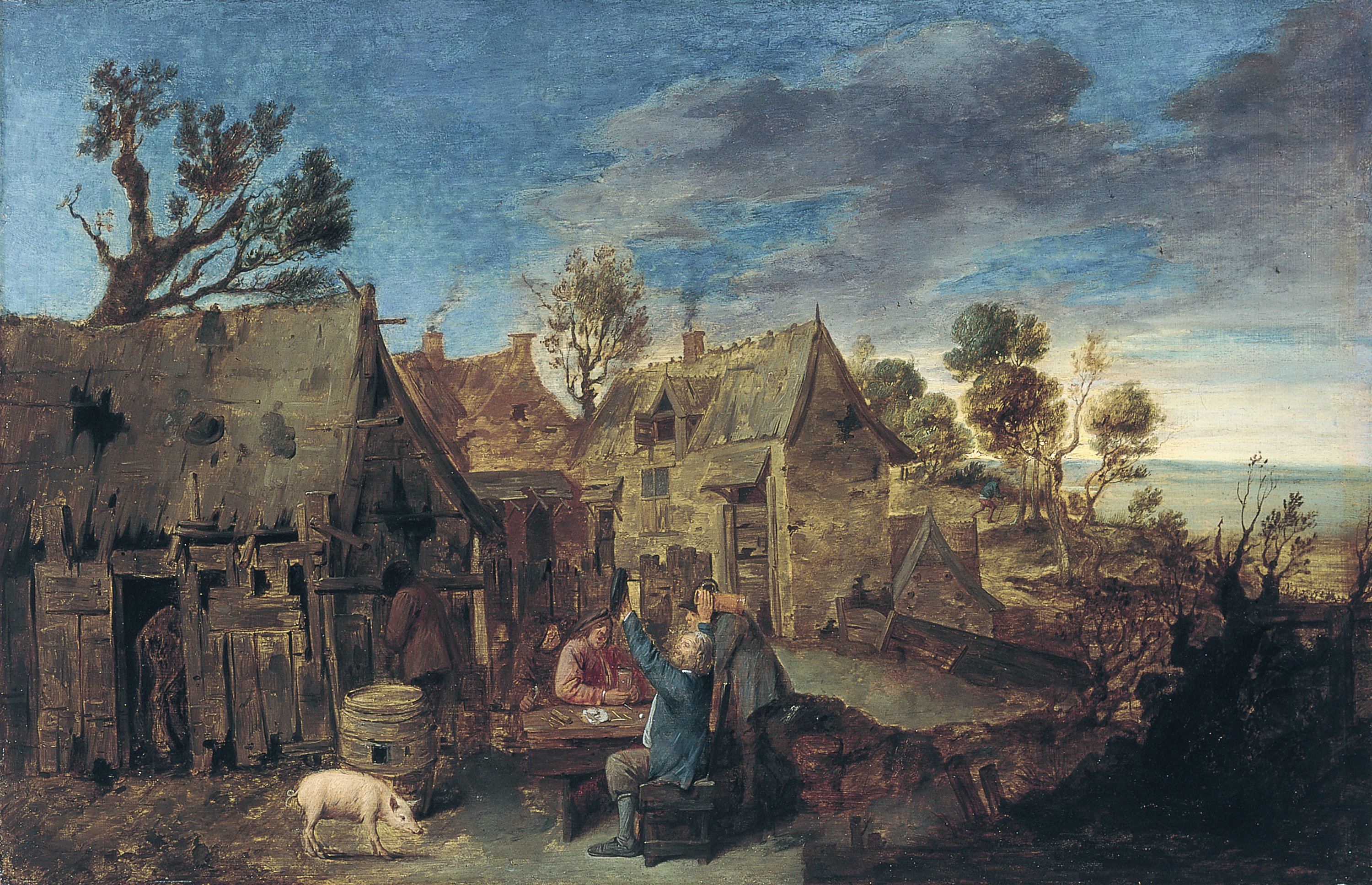 Escena aldeana con hombres bebiendo.  Adriaen (atribuido) Brouwer