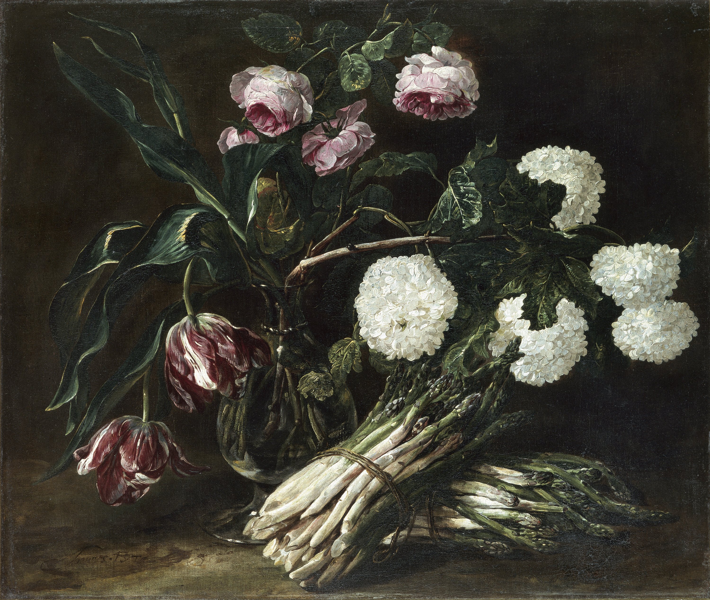 Jarrón con flores y dos manojos de espárragos. Jan Fyt