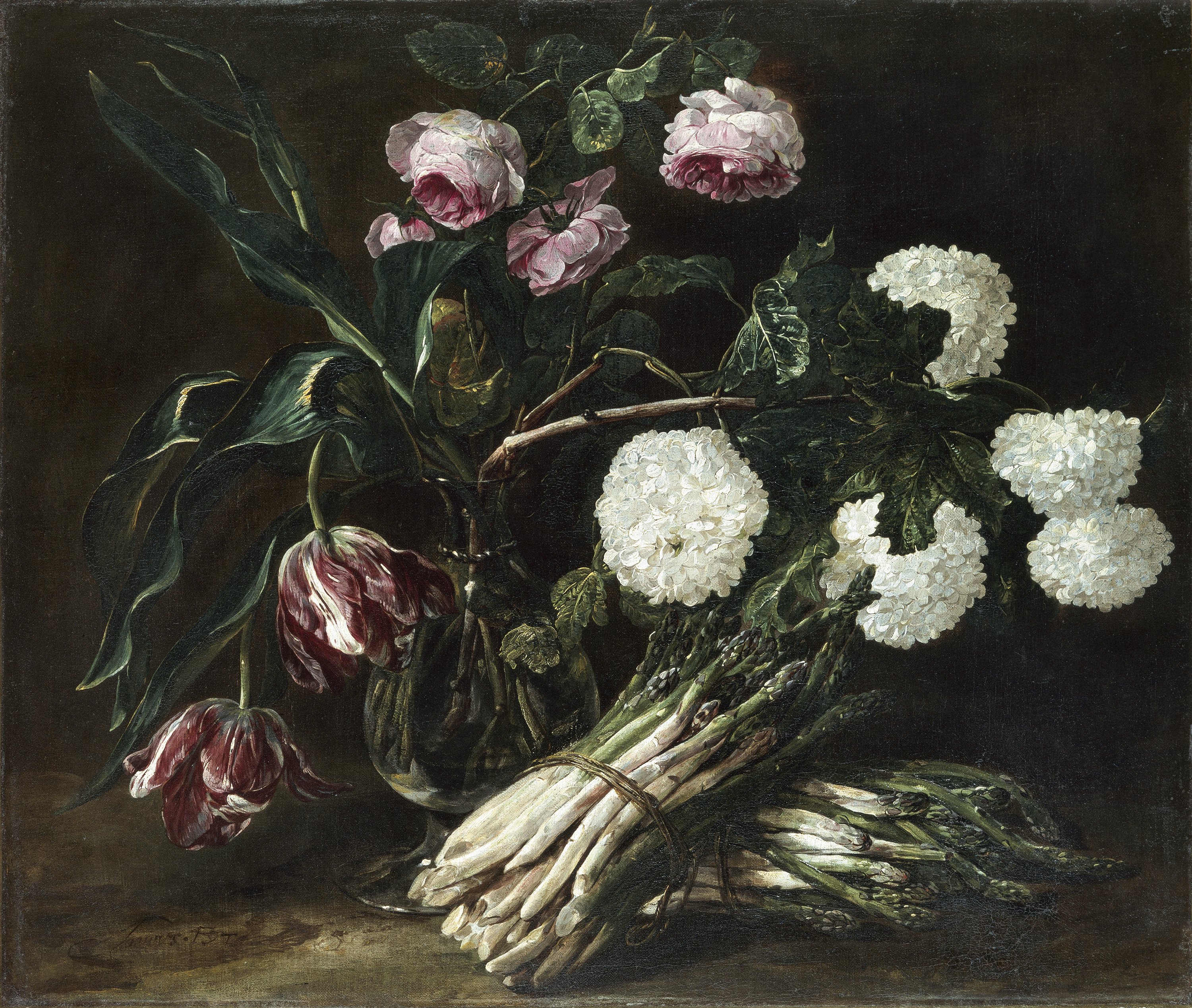 Vase of Flowers and Two Bunches of Asparagus. Jarrón con flores y dos manojos de espárragos, c. 1650