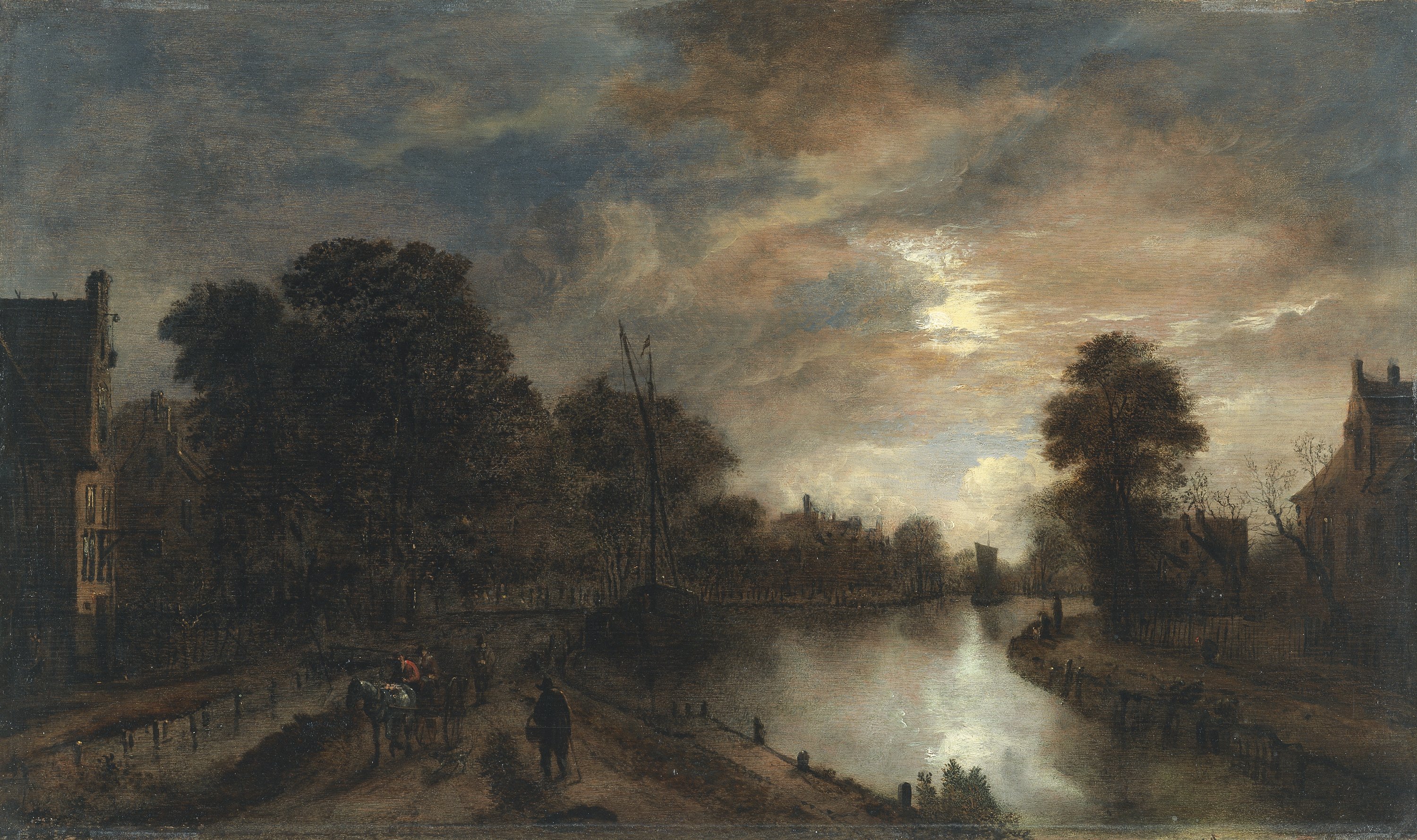 Claro de luna con un camino bordeando un canal. Aert van der Neer