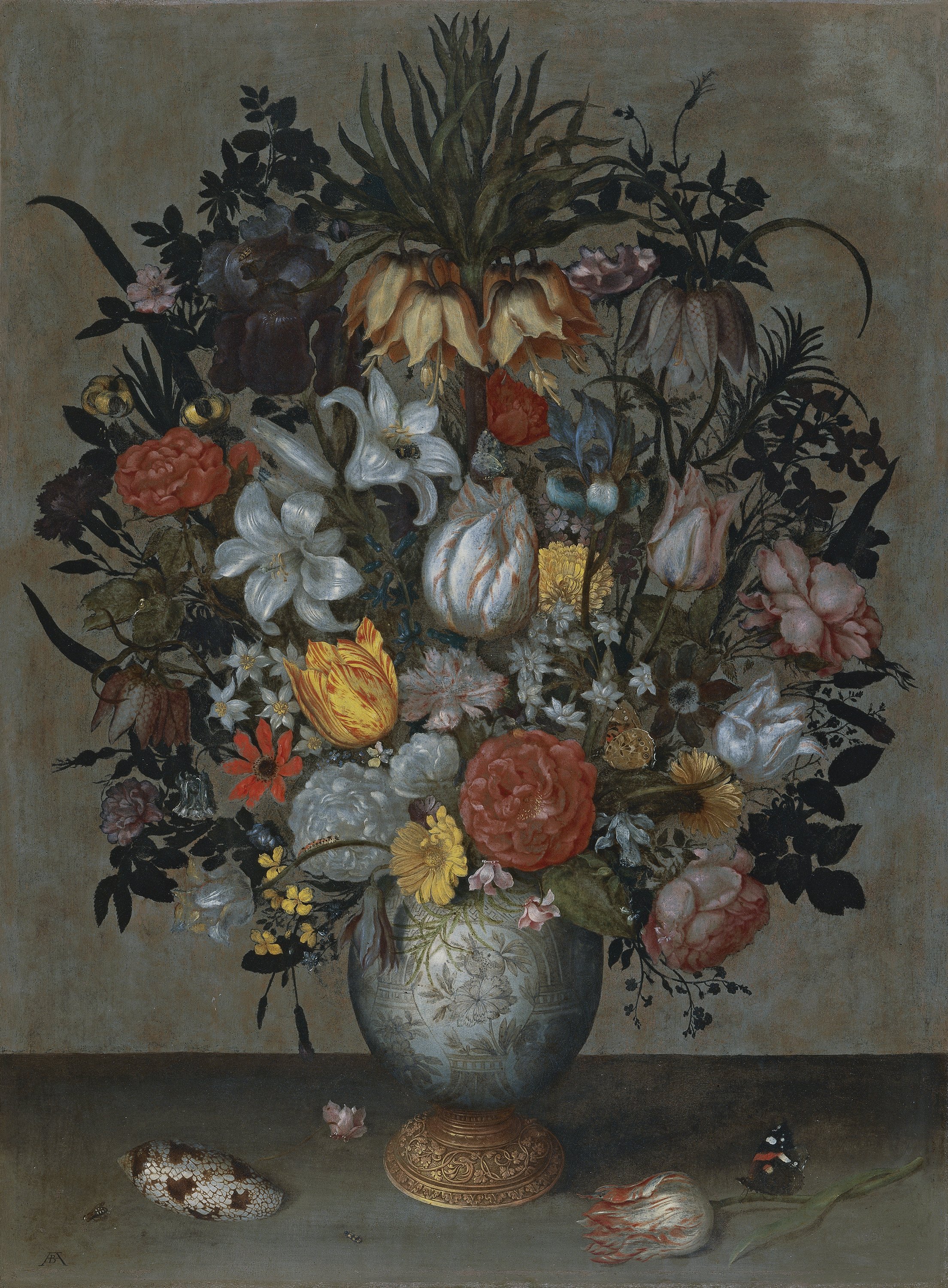 Chinese Vase with Flowers, Shell and Insects. Vaso chino con flores, conchas e insectos, c.1609