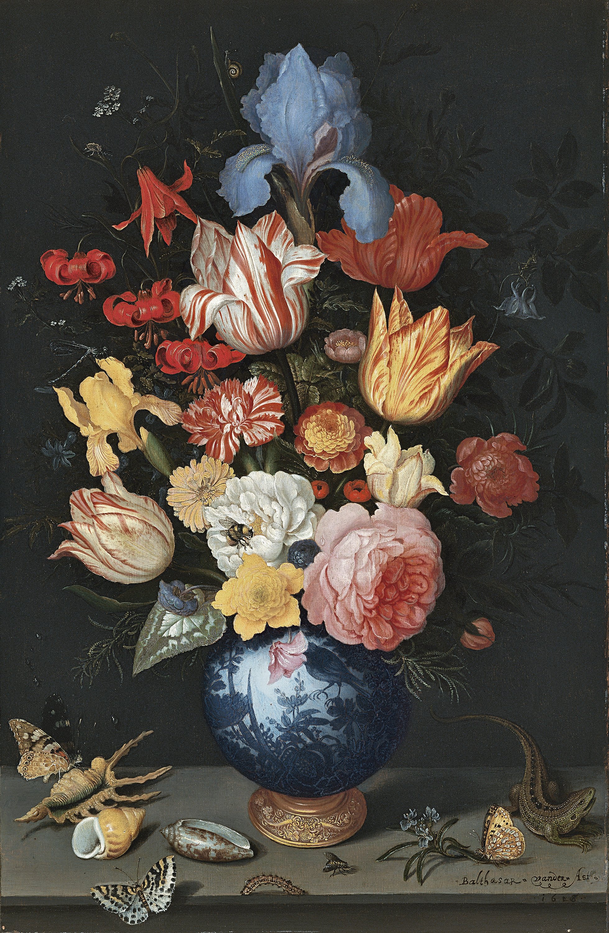 Vaso chino con flores, conchas e insectos. Balthasar van der Ast