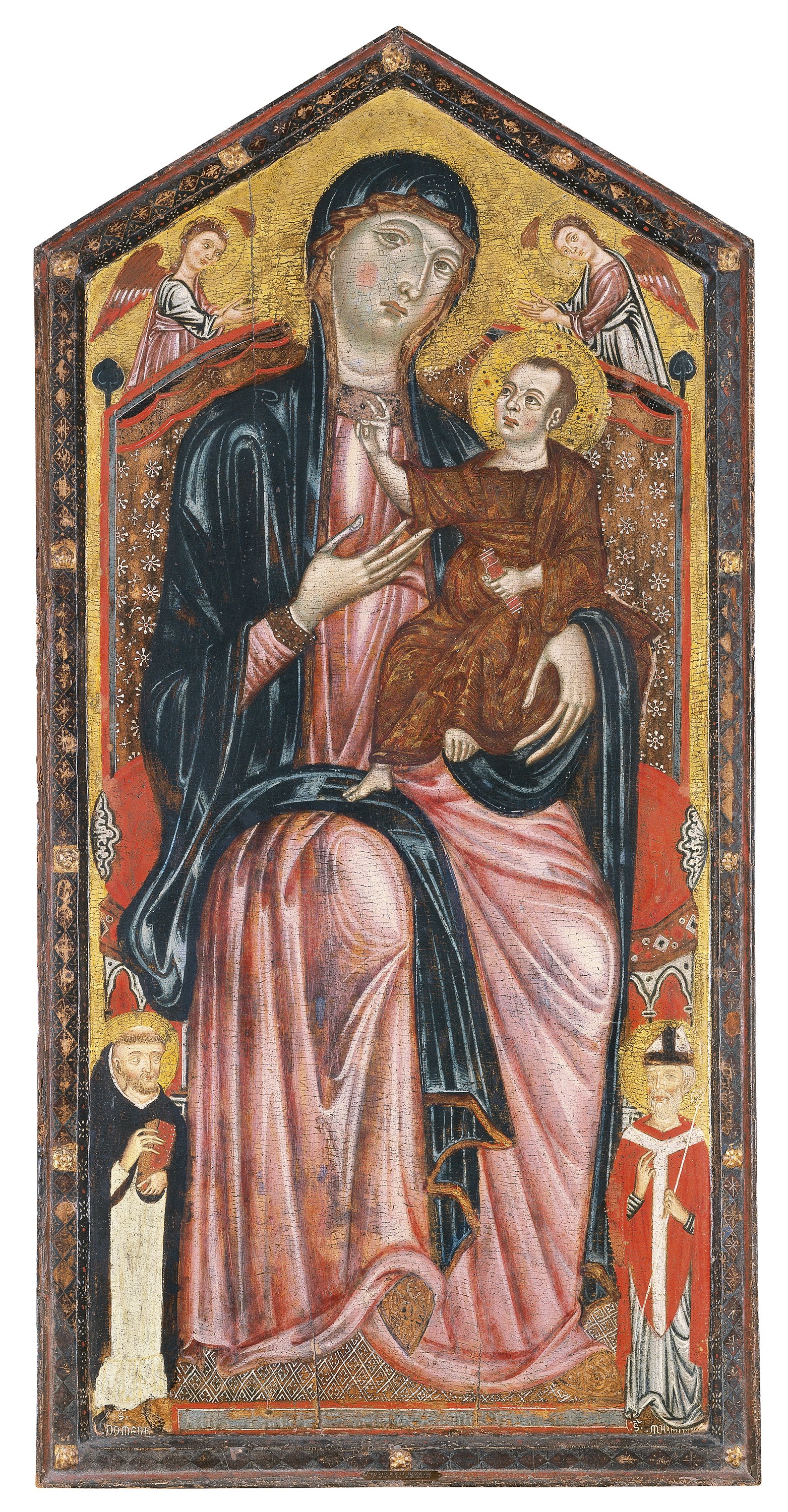 The Virgin and Child enthroned with Saints Dominic and Martin, and two angels. La Virgen y el Niño entronizados con santo Domingo, san Martín y dos ángeles, c. 1290