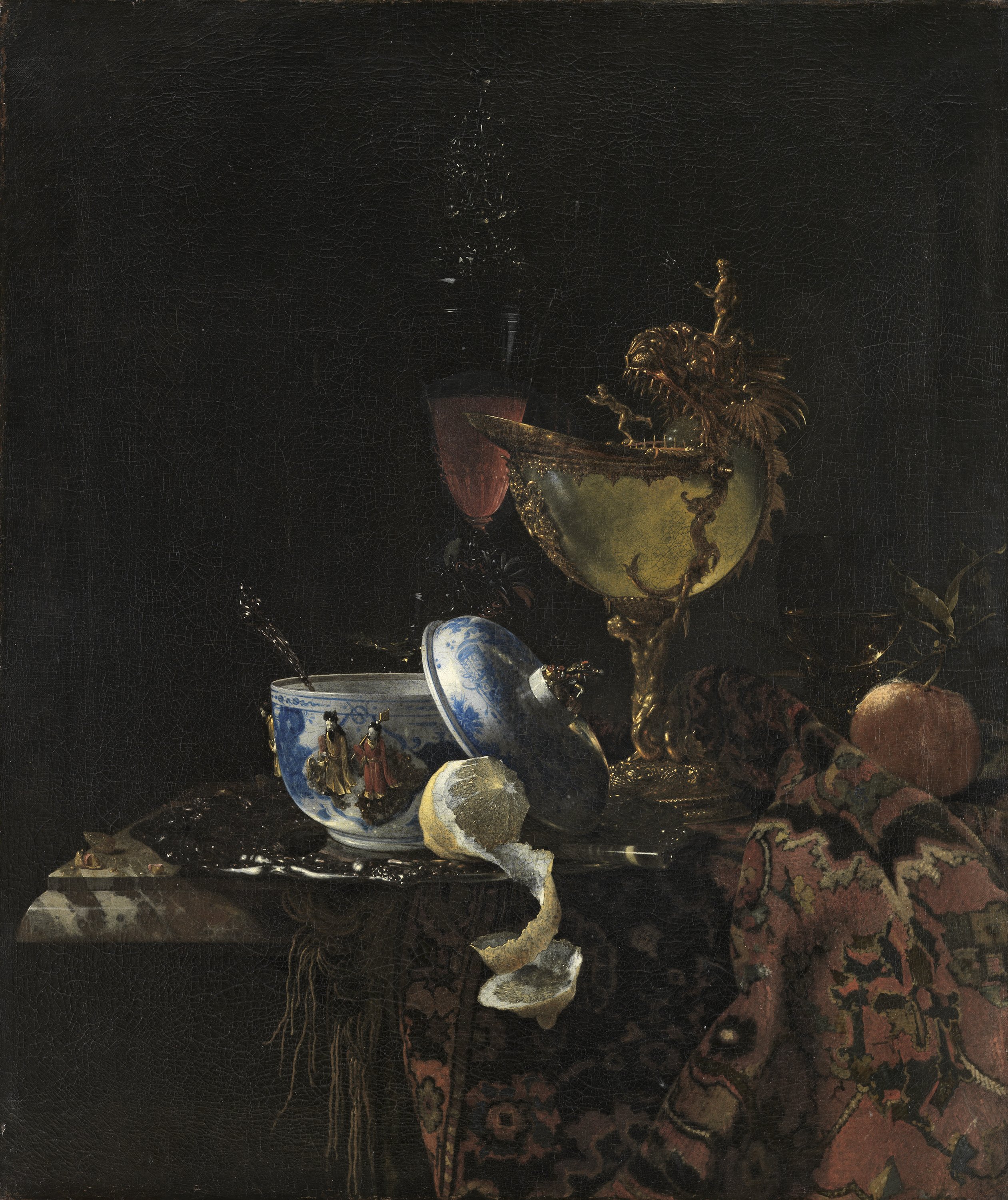 Bodegón con cuenco chino, copa nautilo y otros objetos. Willem Kalf